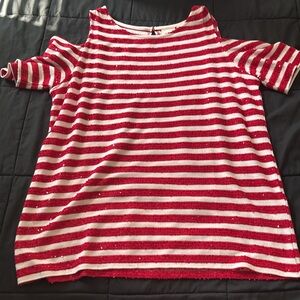 Chico's Red Cold Shoulder Sequin Blouse with Short Sleeves